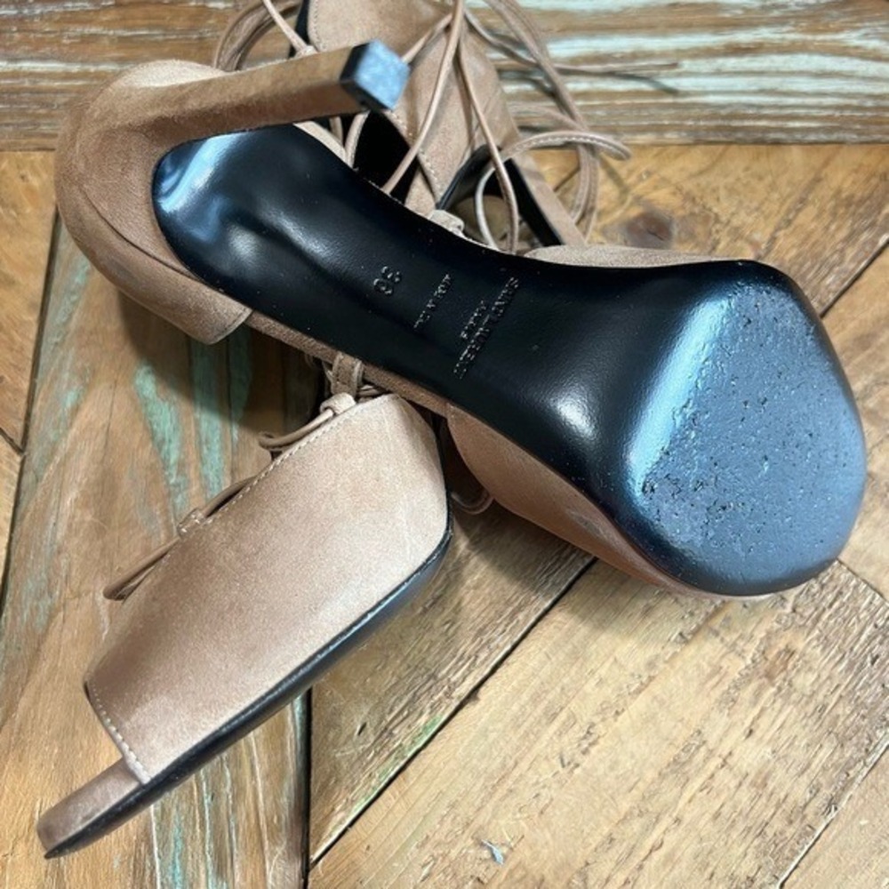 Saint Laurent Suede Lace Up 4" Heels Open Toe Tan Sandals Size 36/ US 6 - Picture 9 of 11